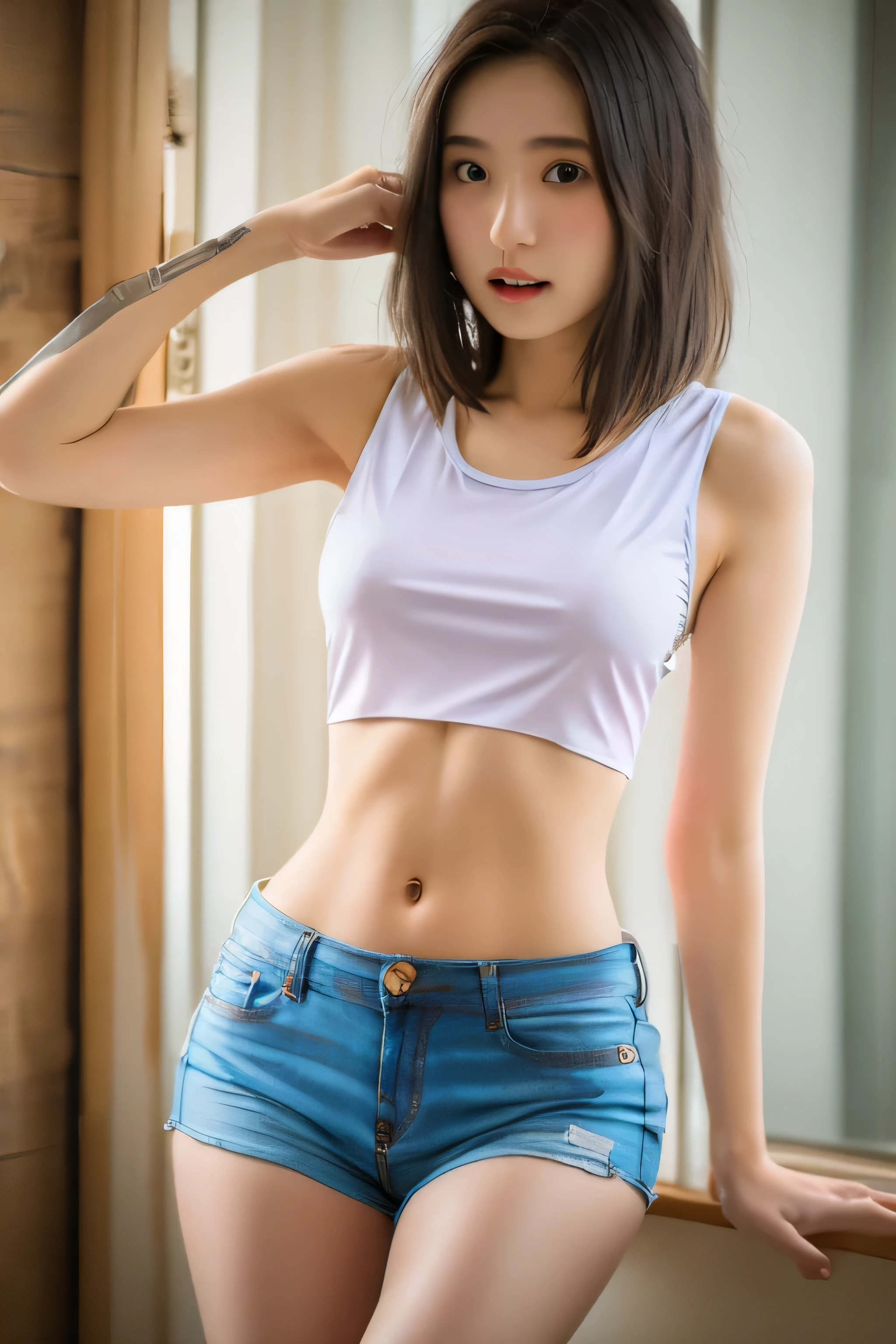 Arafed asian woman in a white tank top and blue shorts - SeaArt AI