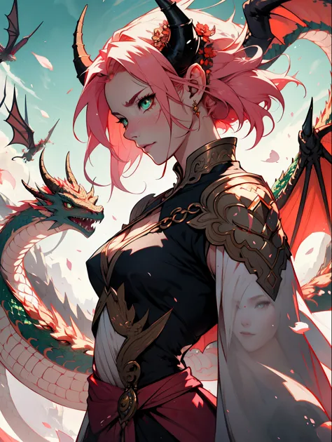 1 mulher, Mother of the Dragons ,strong emotions,  sakura, Dragon, cabelo curto, luz, foco, Dragon Tamer, corpo inteiro, horns o...