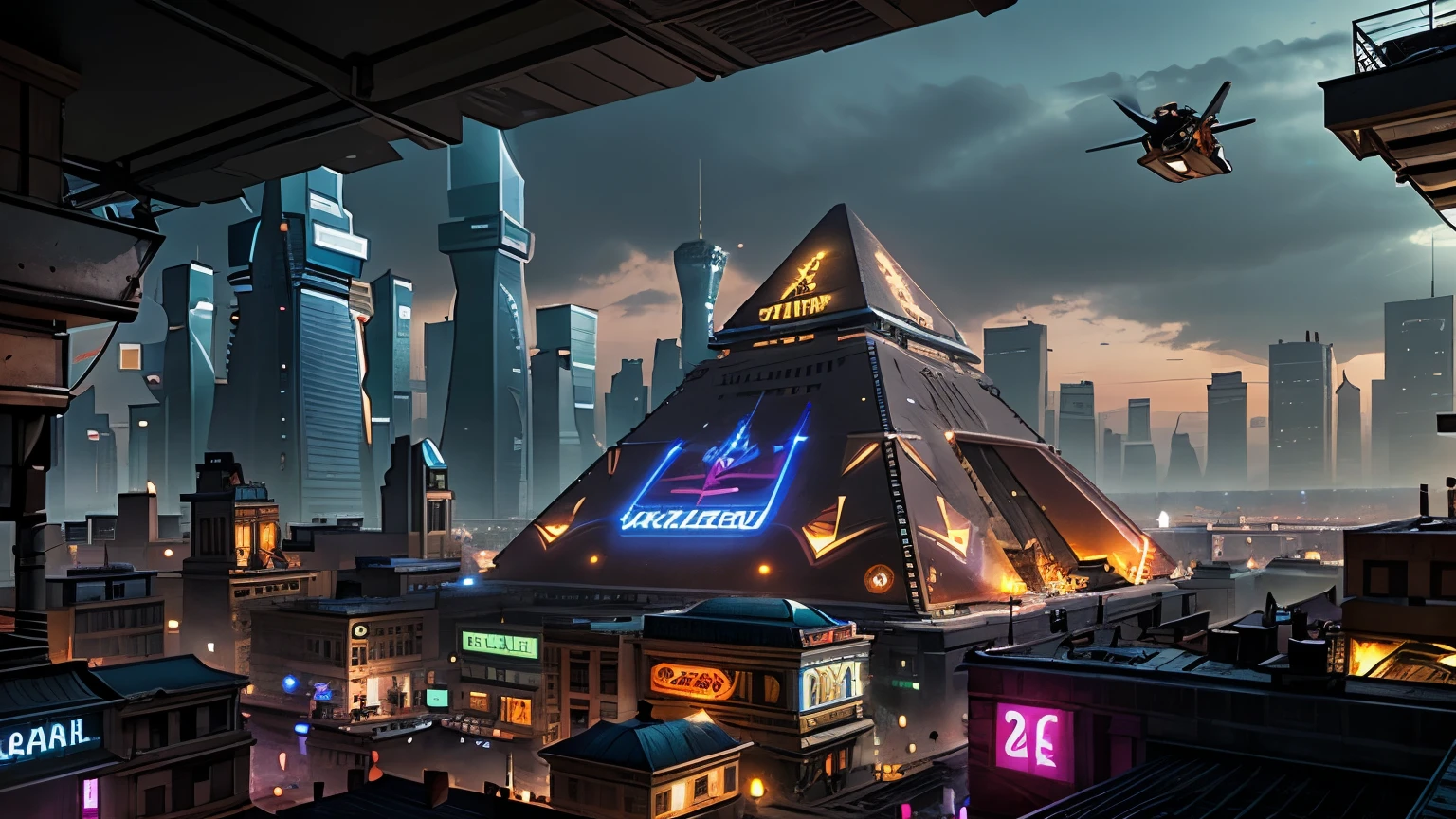 Pirâmide de Gizé, pirâmide antiga, cercada por uma cidade cyberpunk, futurista, luzes de neon, distópico, paisagem urbana de alta tecnologia, veículos voadores, cores vibrantes, cidade noturna