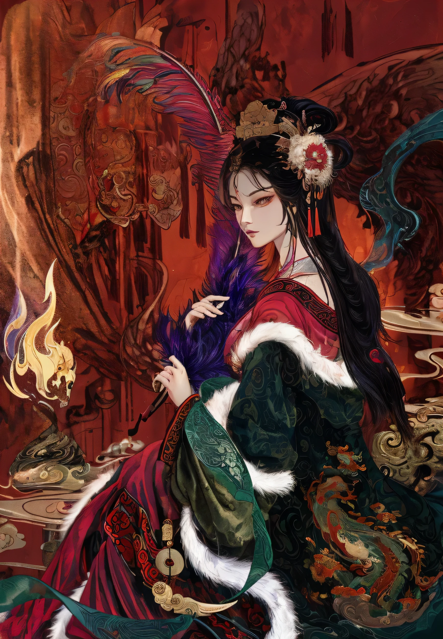 ((Unreal Engine 5)), Realistic rendering, ink strokes，Excellent, Pictures of beauties in the court of Han Dynasty, Dark green mink poncho，red robe，Holding peacock feathers in hand，beautiful，Palace candlelight background，Bronze Crane，The feeling comes from Chen Danqing, zhang daqian，Inspired by Hu Zaobin, Inspired by Zhu Derun, Ukiyo-style，