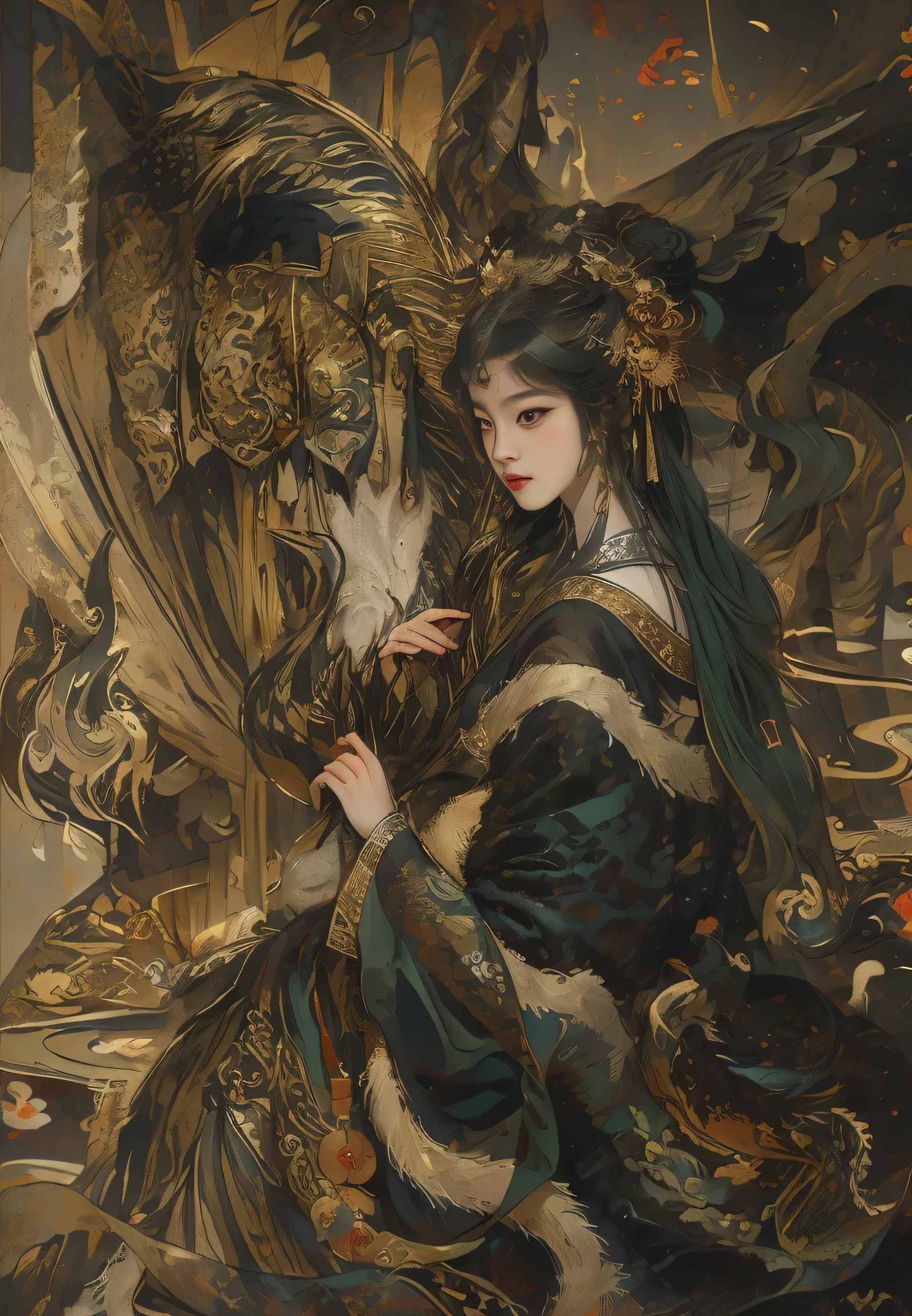 ((Unreal Engine 5)), Realistic rendering, ink strokes，Excellent, Pictures of beauties in the court of Han Dynasty, Dark green mink poncho，red robe，Holding peacock feathers in hand，beautiful，Palace candlelight background，Bronze Crane，The feeling comes from Chen Danqing, zhang daqian，Inspired by Hu Zaobin, Inspired by Zhu Derun, Ukiyo-style，