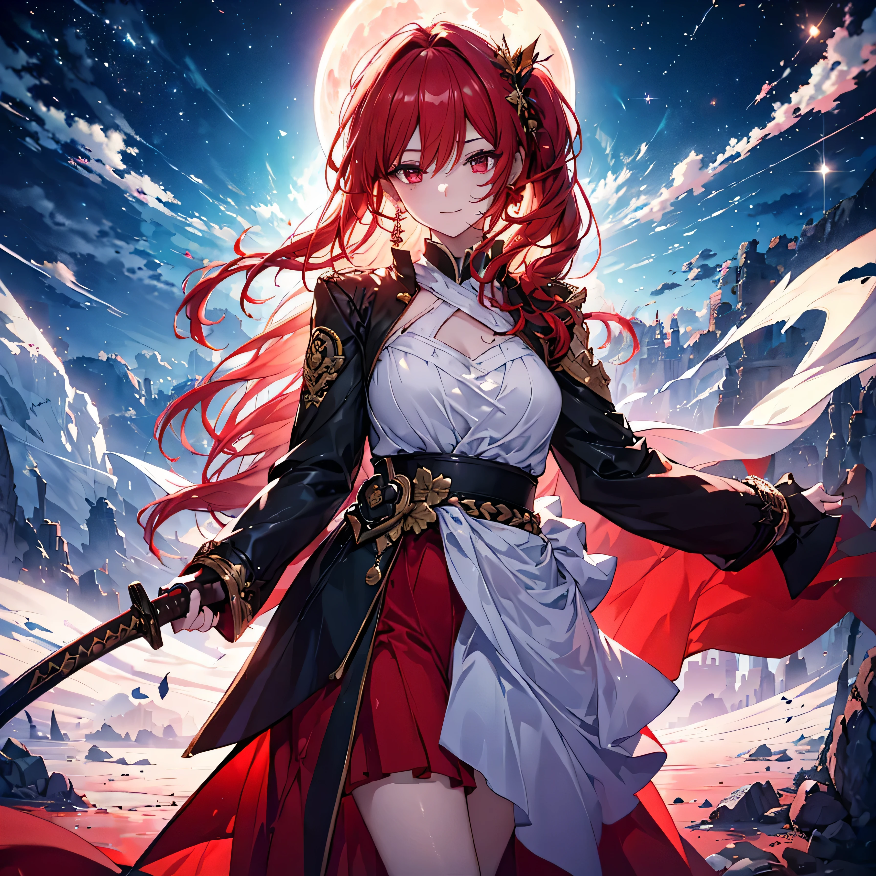 (masterpiece, highest quality,8K quality) adult woman, married woman, red long hair，Tense atmosphere, red long skirt, He carries a long black sheath on his waist., Has a scabbard containing a sword, black high long boots, wife, Wearing black mage robes, 50 year old woman looking away, detailed face, fine eyes, 暗赤colorの目, thin droopy eyes, {{{narrow eyes}}}, Long contour, action movie, cute smile, {{{night sky with multiple shining meteors}}}, Red Moon,Moonlight shining in, dawn, straight bangs, great writing background, fantasy background,A city covered in lots of flowers and sand, long red hair ponytail, gothic, big breasts, portrait from the knees up, color, cinematic lighting, highly detailed face, detailed face, beautiful face, beautiful eyes, perfect lighting,parted bangs, written boundary depth, realistic proportions, excellent anatomy,makeup gremory, small details. girl&#39;face,destiny style, Trending on Art Station pixiv, seductive anime woman, video game, A soft smile with a closed mouth, Beautiful woman, {{{A squishy smile}}}, macross style,