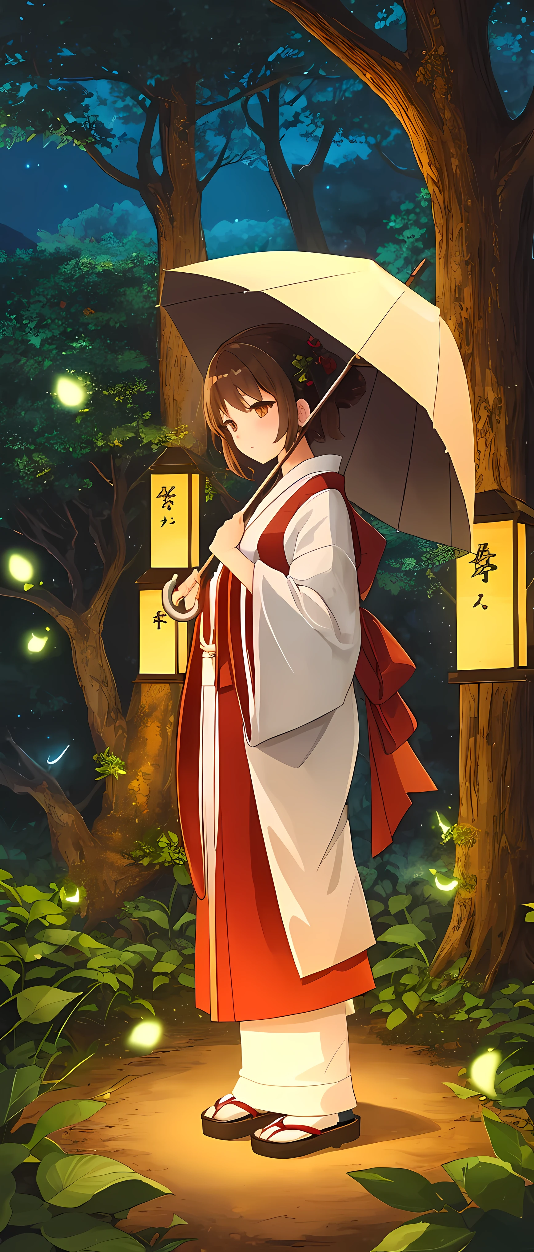 (masterpiece, best quality, highres:1.3), ultra resolution image, (1girl), (solo), kawaii, brown hair, night, miko, shrine maiden, shigai, traditional attire, shiny umbrella, kagura, (sacred grove:1.4), talisman, mist, serene mystery, sanctuary, sparkling magic, glowing ancient stone, shrine, old trees, beautiful lighting, mythical, spirit realm, spirit, glowing fireflies, (night time:1.2), calm, scenery, (simple background:1.3), trainquill expression, firefly of the light,