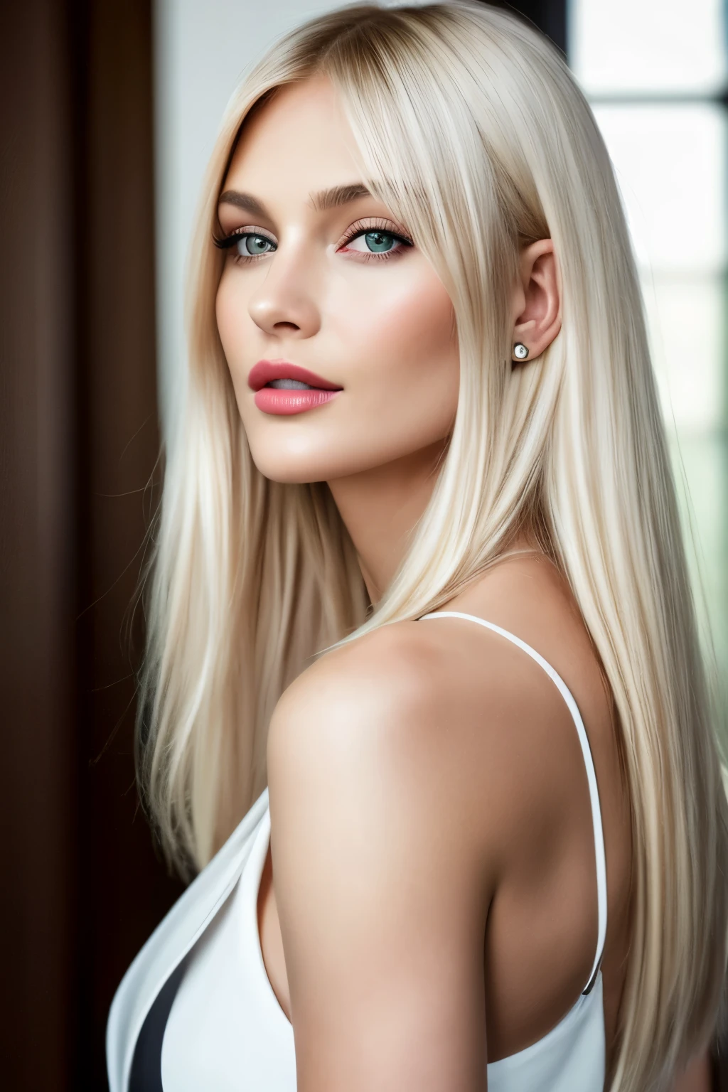 highest quality, 8K, masterpiece, photorealistic, High definition, sharp focus, 1 girl, 38 year old gorgeous fashion supermodel, bright white blonde hair, dull bangs, hair behind the ear, long hair, slender body shape, super detailed face, delicate lips, Moderate, beautiful eyes, lipstick, light blush, perfect shiny shiny skin, invite the gaze, view audience