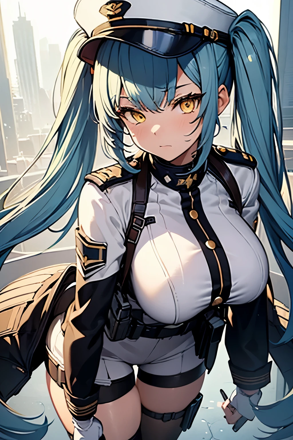 (best quality:1.3), (masterpiece:1.3), (illustration:1.3), (ultra-detailed:1.3), (mid shot:0.9), 1girl, solo, military uniform, long sleeves, straps, black thighhighs, white uniform, large breasts, yellow eyes, blue hair, twin tails, holster, hat, embarrassed, tsundere, looking at viewer, gloves, coat,