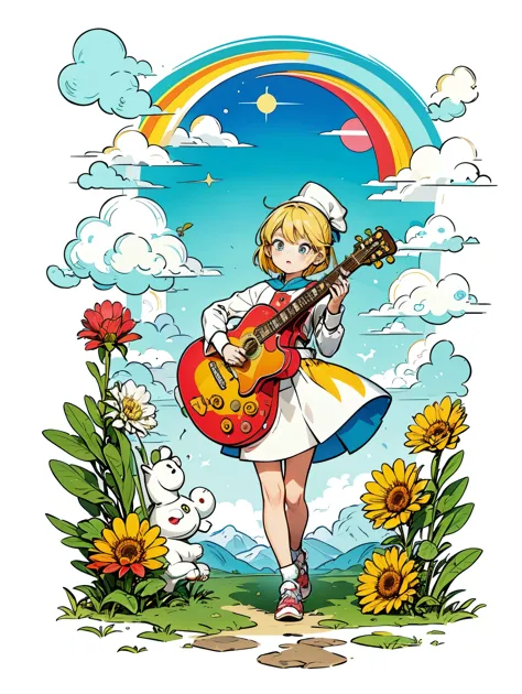 ((sticker))，sticker，1 girl, with sword, White background,simple background,concept art,under art，anime style，dreamland wonderlan...