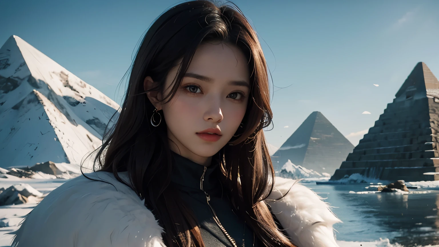 A beautiful woman. Upper body close-up image. dark brown hair. Clothes based on light blue. In the background of the woman, a huge pyramid built on the icy land can be seen. A masterpiece.