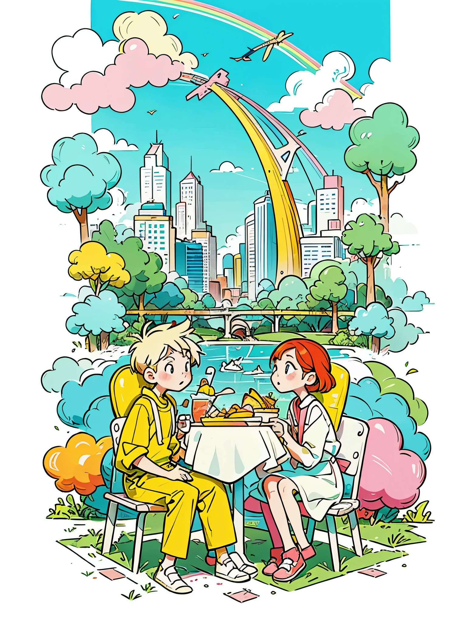 Vector illustration of young, fashionable men and women picnicking in the park, with flowing lines and warm colors set against a white background. The scene captures the essence of a modern, stylish park environment, where young people gather to relax and enjoy each other's company. The design features clean, simple lines and a limited color palette, emphasizing the sophisticated beauty of the urban park setting. The characters, with their youthful energy and trendy outfits, embody the vibrancy and grace of city life. The super saturated, vivid, and bright colors, rendered in a pop art vector style, lend a sense of surrealism and whimsy to the scene, creating a visually captivating and memorable composition.