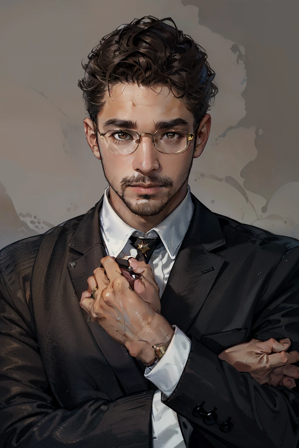 portrait, long costume, ((glasses)), short hair, ((dark brown hair)), ((brown eyes)), ((anime)), masterpiece, High-Resolution, ((realistic)), muscle, ironman costume