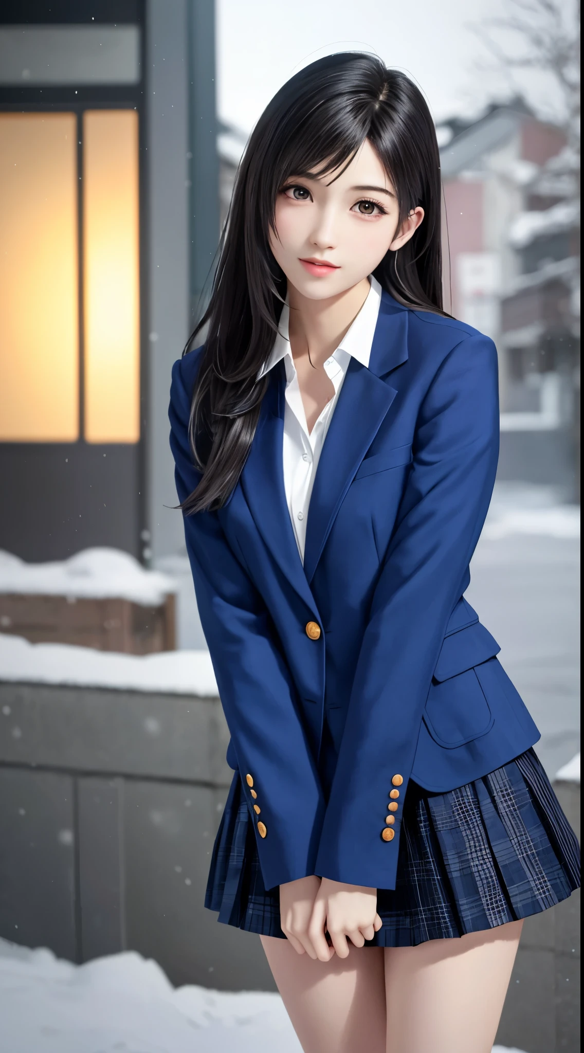 (top quality, masutepiece: 1.1), (Realistic: 1.3), (photoRealistic: 1.3),wallpapers, BREAK (((FF7,Tifa_lockhart))),(((big fluffy knet scarf))),(((Japan jk uniform,Navy Blue blazer,school shirt,long-sleeved,Navy Blue Plaid Pleated mini-Skirt,Dark blue short socks,loafers))),(background big city,shibuya:1.1,hard snow:1.3,neon:1.2),Cinematic lighting,city light at night,(gravure pose:1.3,nogizaka idol),Ultra-detailed face:1.2, Detailed eyes,Red eyes, BREAK (((FF7,Tifa_lockhart))),(black brown hair, Large breasts: 1.0), BREAK , About 18 years old,kawaii,sensual,looking at viewer,Beautiful legs,wet body:1.3,Heavy snow  , In the snow,Snow falls