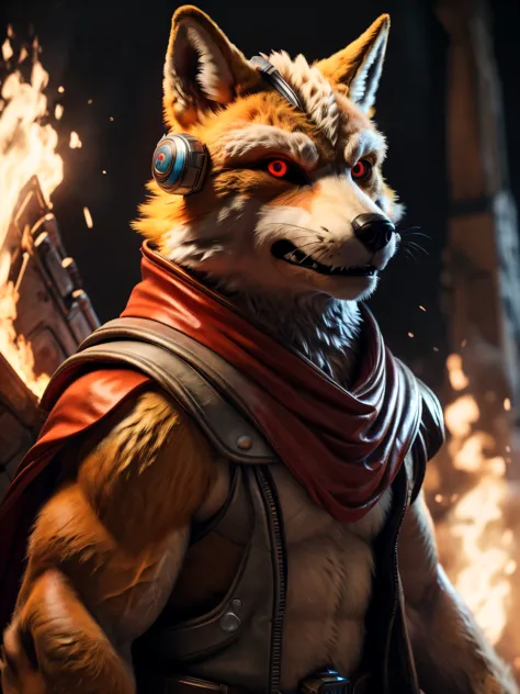 (best quality,16k,32k,highres,masterpiece:1.2),ultra-detailed,(realistic,photorealistic,photo-realistic:1.37),(Orochi Fox Mccloud) glowing red eyes realistic fire background of totally destroyed Ship alone looking at the camera serious expression brave and...