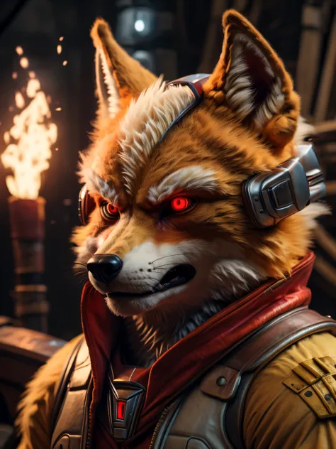 (best quality,16k,32k,highres,masterpiece:1.2),ultra-detailed,(realistic,photorealistic,photo-realistic:1.37),(Orochi Fox Mccloud) glowing red eyes realistic fire background of totally destroyed Ship alone looking at the camera serious expression brave and confident wearing a red hood cape Open golden wings.