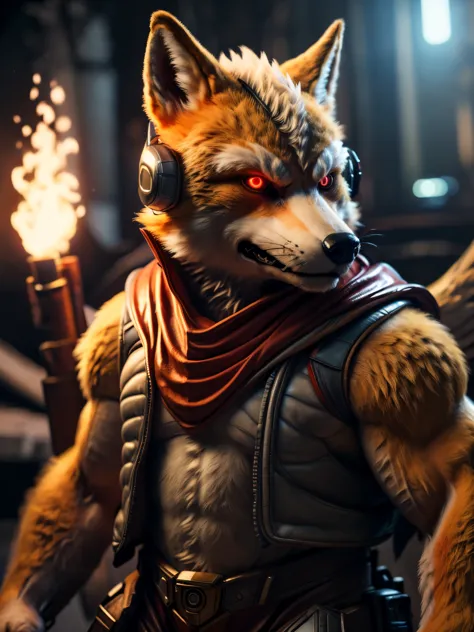 (best quality,16k,32k,highres,masterpiece:1.2),ultra-detailed,(realistic,photorealistic,photo-realistic:1.37),(Orochi Fox Mccloud) glowing red eyes realistic fire background of totally destroyed Ship alone looking at the camera serious expression brave and confident wearing a red hood cape Open golden wings.