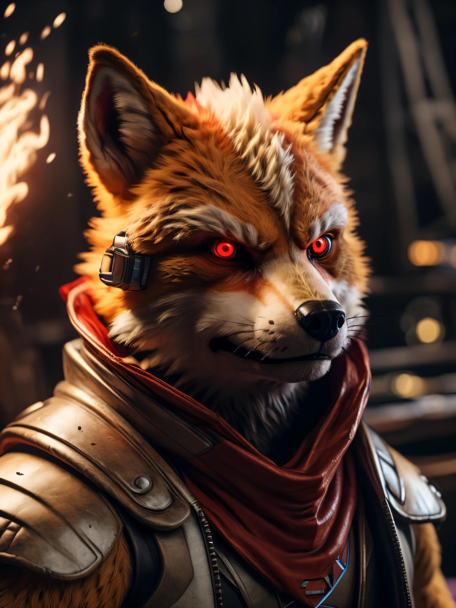 (best quality,16k,32k,highres,masterpiece:1.2),ultra-detailed,(realistic,photorealistic,photo-realistic:1.37),(Orochi Fox Mccloud) glowing red eyes realistic fire background of totally destroyed Ship alone looking at the camera serious expression brave and confident wearing a red hood cape Open golden wings.