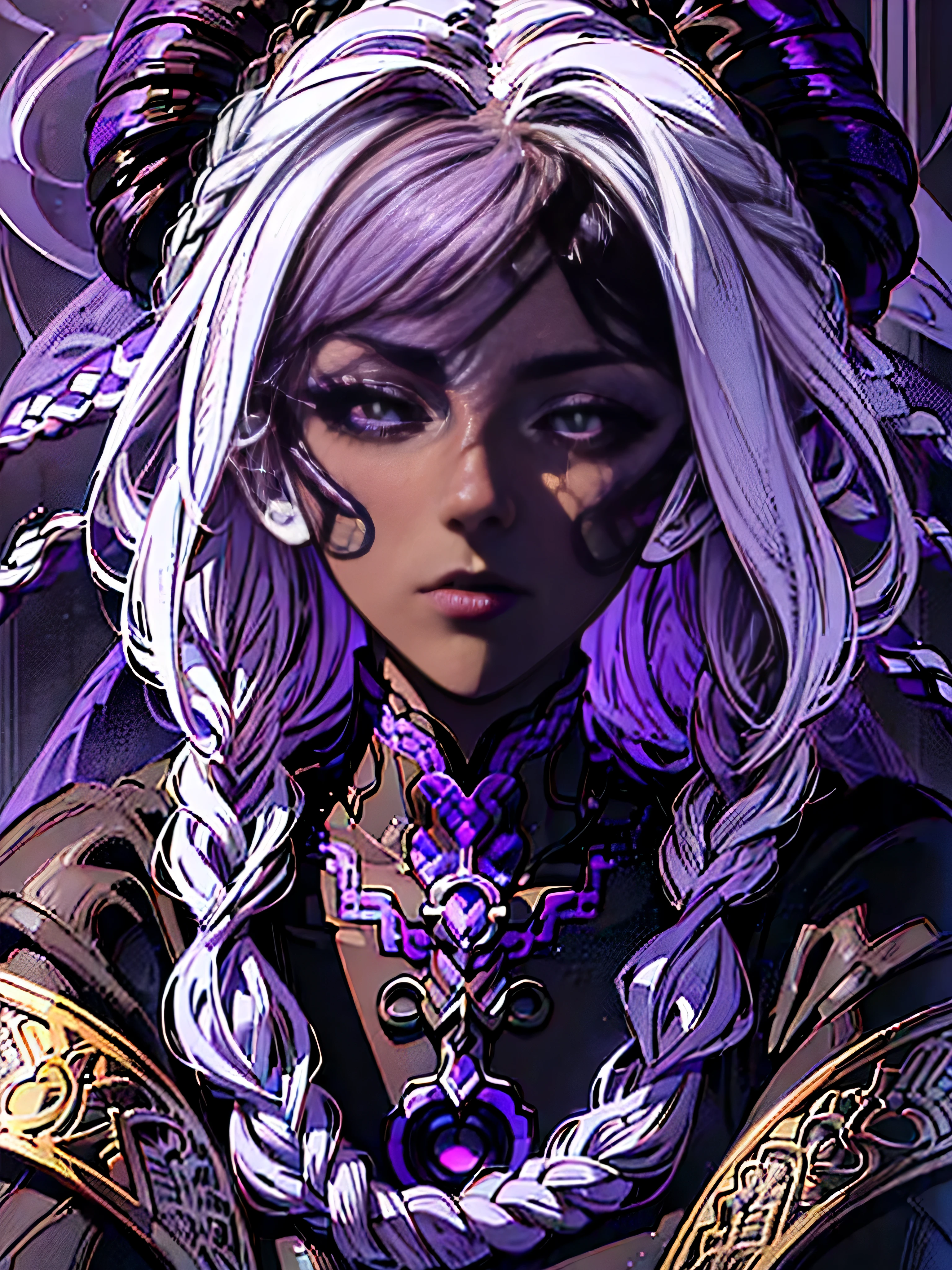 perfection, 4k resolution, masterpiece, epic fantasy digital art style, (((((very narrow eyes, purple pupils, white braided hair, Black Sclera))))), ((((((darkskin color)))))), perfection, intricate details, ((josei anime art style)), (((close up portrait, looking at viewer, sexy mature sultry woman))), dynamic lighting, ((thicc)), (Expressive art style), Realistic skin texture