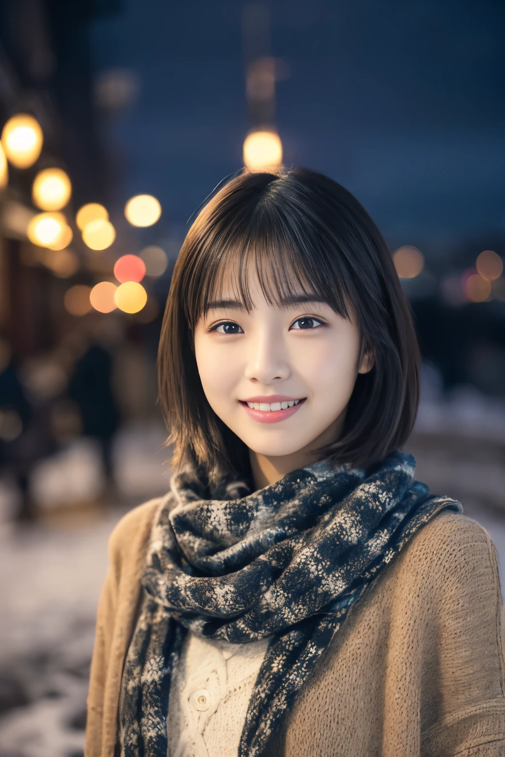 1 girl, (casual winter outfit:1.2), beautiful japanese actress, (15 years old), short hair,
(RAW photo, highest quality), (realistic, Photoreal:1.4), masterpiece, 
very delicate and beautiful, very detailed, 2k wallpaper, wonderful, 
finely, Very detailed CG Unity 8K 壁紙, Super detailed, High resolution, 
soft light, beautiful detailed girl, very detailed目と顔, beautifully detailed nose, beautiful and detailed eyes, cinematic lighting, 
BREAK
(Against the backdrop of a snowy night cityscape 1.3), city lights, 
perfect anatomy, slender body, smile, Face the front completely, look at the camera