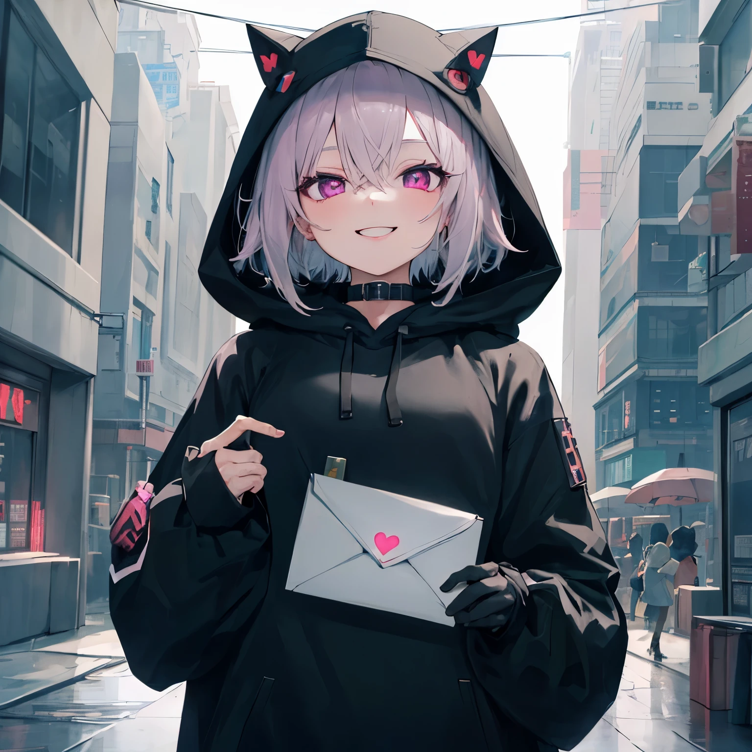 (MASTERPIECE), bokeh 1girl, short white hair, in black hoodie, magenta eyes, holding a mail with heart, cute smile, simple anime artstyle, neo noir artstyle, cyberpunk city