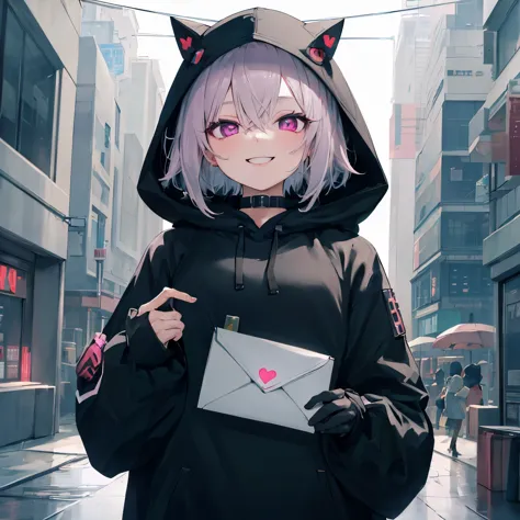 (MASTERPIECE), bokeh 1girl, short white hair, in black hoodie, magenta eyes, holding a mail with heart, cute smile, simple anime...