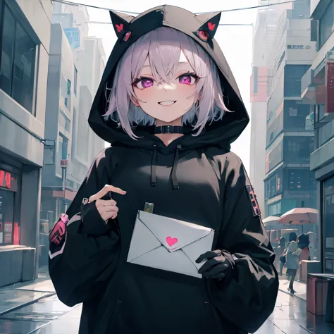 (masterpiece), bokeh 1girl, short white hair, in black hoodie, magenta eyes, holding a mail with heart, cute smile, simple anime...