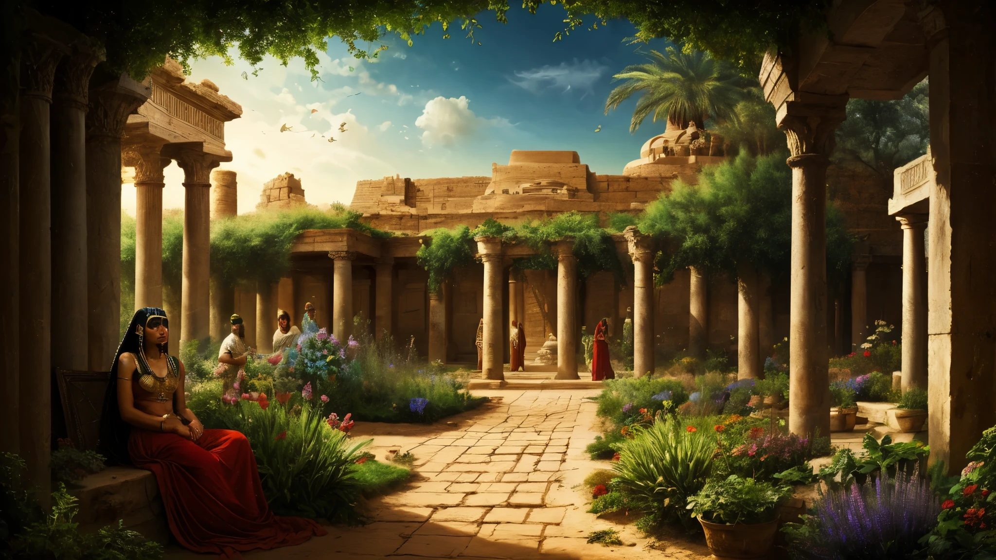 cleopatra's garden inegypt, photorealistic, dramatic, cinematic, 4k resolution, hyperdetailed, dramatic scene,