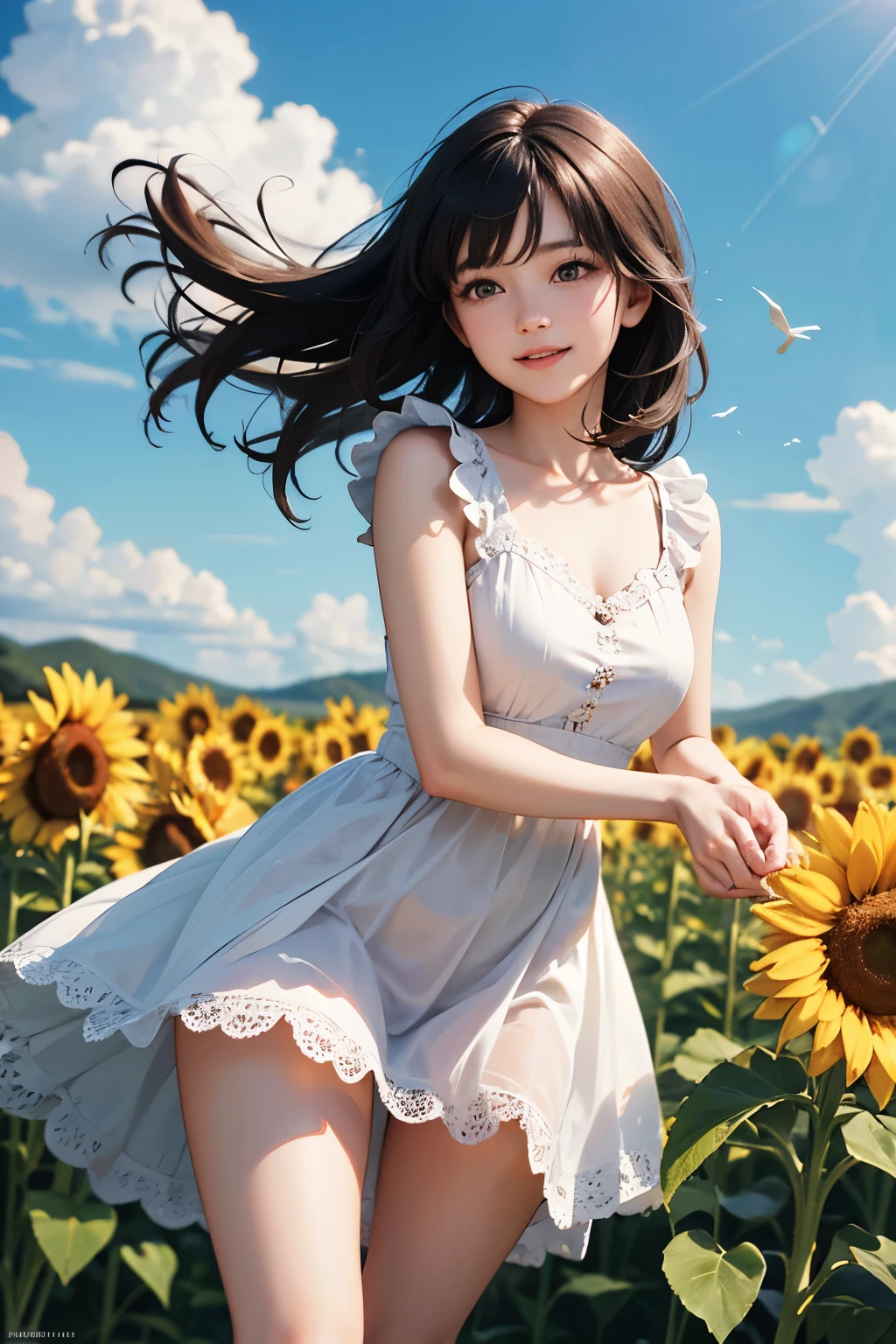 very cute and beautiful girl,frilled white summer dress with detailed lace,(highly detailed beautiful face and eyes:1.2),
standing in middle of sunflower field,beautiful summer sky,(smile:1.2),happy,black hair,mid shot,dynamic pose,detailed legs,
(best quality,masterpiece:1.2),absurdres,highres,ultra-detailed,extremely detailed,32k,8k resolution,
intricate details,cinematic scene,detailed background,solo,dynamic angle,
solo,hair fluttering in the wind,perfect hands,