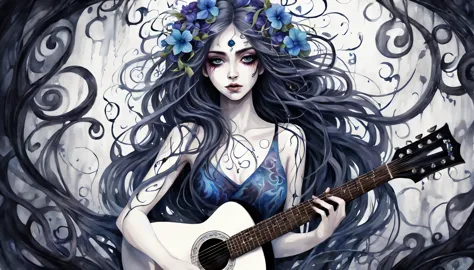 Watercolor Paint, Dangerous girl&#39;position of the center of the entire body&#39;head of, Holding a guitar, evil eye flower, vines, with the darkest splash, Focusing on dark fantasy fractal flowers, high quality, Drooping rain,the background is white、hai...