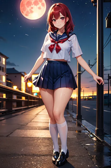 (High quality, High resolution, Fine details), crimson clouds surrounding the moon, (woman in sailor school uniform on a red ful...
