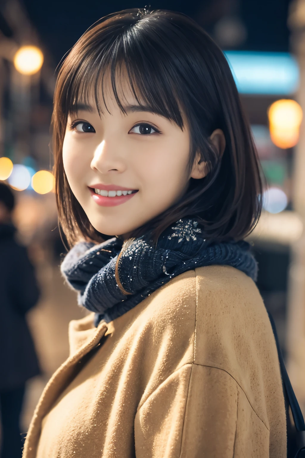 1 девочка, (повседневная зимняя одежда:1.2), Красивая японская актриса, (15 лет), короткие волосы,
(RAW-фото, высшее качество), (реалистичный, Фотореалистичный:1.4), шедевр, 
Очень нежный и красивый, очень подробный, 2к обои, замечательный, 
мелко, очень подробный CG Unity 8K 壁紙, супер подробный, Высокое разрешение, 
мягкий свет, красивая детальная девушка, очень подробный目と顔, красиво детализированный нос, красивые и детальные глаза, кинематографическое освещение, 
перерыв
(На фоне заснеженного ночного городского пейзажа 1.3), огни города, 
идеальная анатомия, стройное тело, улыбка, Лицом вперед полностью, посмотри в камеру