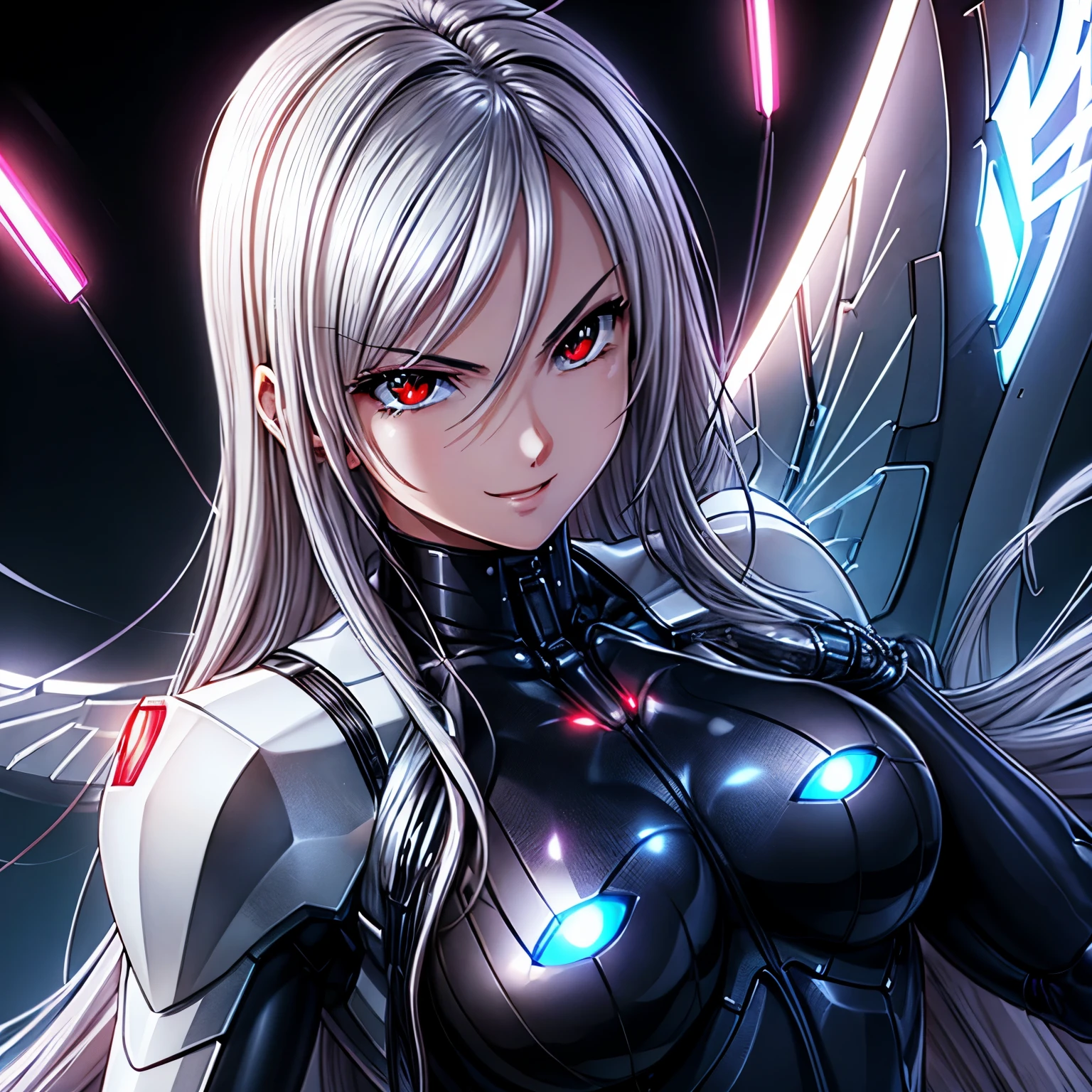 top-quality、​masterpiece、超A high resolution、(Photorealsitic:1.4)、女の子1人、silver hair、Straight hair, shiny and clean hair、White shiny skin、Sexy Cyberpunk Girl、((super realistic details))、Shadow、octan render、ultrasharp、hyperdetailed face、Fiberglass、Luminous tube、highly intricate detail、Realistic light、CGSoation Trends、(red eyes with slit pupils)、(Facing the camera)、neon details、Mechanical limbs、Mechanical vertebrae attached to the back、mechanical cervical attaching to neck、Wires and cables connecting to the head、((valkyrie))、((Beam Cannon))、Combat stance、((seductive pose:0.8))、(light_Smile:1.0)、full body、