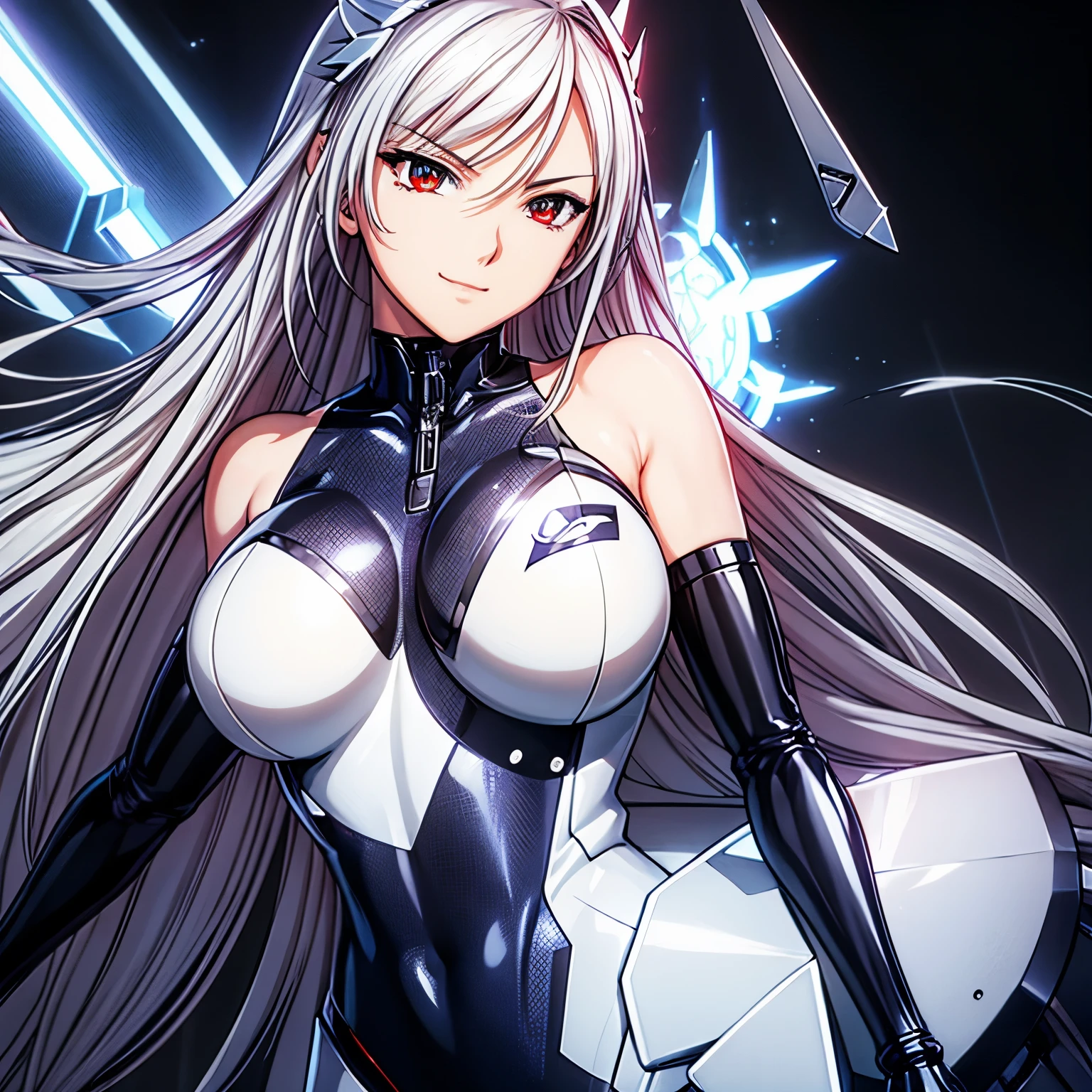 top-quality、​masterpiece、超A high resolution、(Photorealsitic:1.4)、女の子1人、silver hair、Straight hair, shiny and clean hair、White shiny skin、Sexy Cyberpunk Girl、((super realistic details))、Shadow、octan render、ultrasharp、hyperdetailed face、Fiberglass、Luminous tube、highly intricate detail、Realistic light、CGSoation Trends、(red eyes with slit pupils)、(Facing the camera)、neon details、Mechanical limbs、Mechanical vertebrae attached to the back、mechanical cervical attaching to neck、Wires and cables connecting to the head、((valkyrie))、((Beam Cannon))、Combat stance、((seductive pose:0.8))、(light_Smile:1.0)、full body、