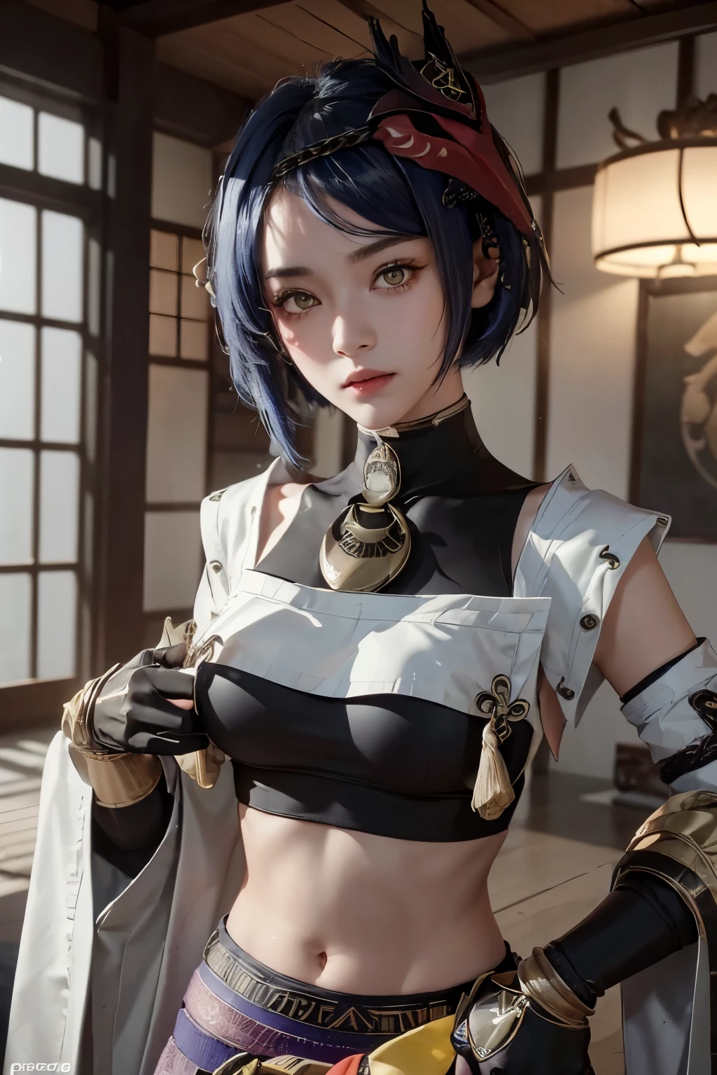 1girl, ((midriff, navel)), looking at viewer, japanese dojo, (cinematic lighting, best quality, masterpiece, hand on hips, high skin details, best quality, highres, HD, 4K, 8k, super detail), (kujou sara:1.3), mask on head, blue hair, short hair, yellow eyes, tassel, gloves