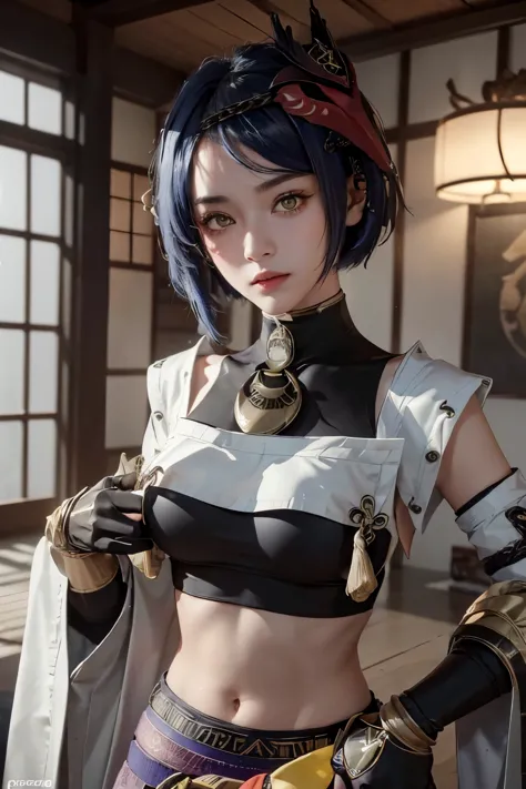 1girl, ((midriff, navel)), looking at viewer, japanese dojo, (cinematic lighting, best quality, masterpiece, hand on hips, high ...