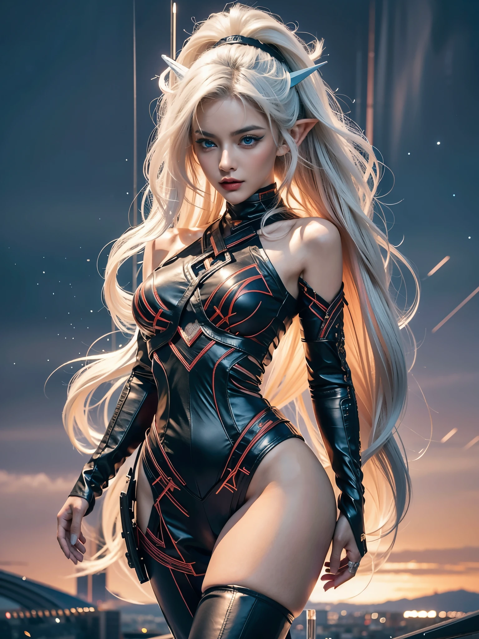 Beautiful girl in black leather, white hair, blue eyes, pointed ears, Behind is a distant city.., sexy poses, Portrait of a beautiful girl, (Realistic face details), complicated details, very high details, Realistic photos, 8ก, UHD, hyperspace,