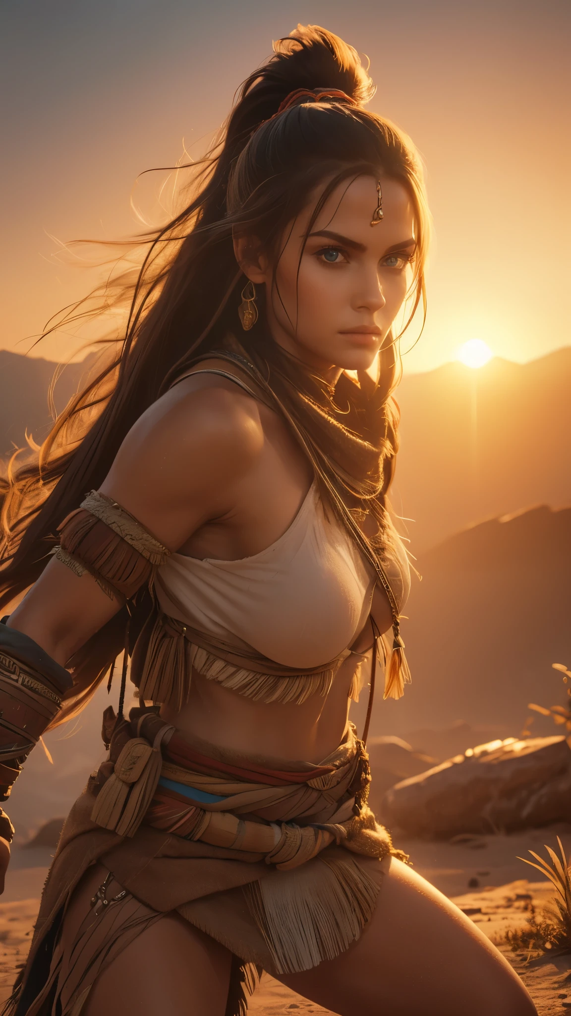 (((ultra realistic))), (ultra-detailed face and eyes: 1.3),native girl, with very long thick hair, feathers in hair, (few clothes) , (combat bandages on the body), ((In a combat stance)), in soft lighting, with a stern look, against the backdrop of sandy mountains, surrounded by a mysterious, foggy atmosphere, (sunset), (ultra-detailed), ((Skin detailing)), (scene from a movie about ancient people) 