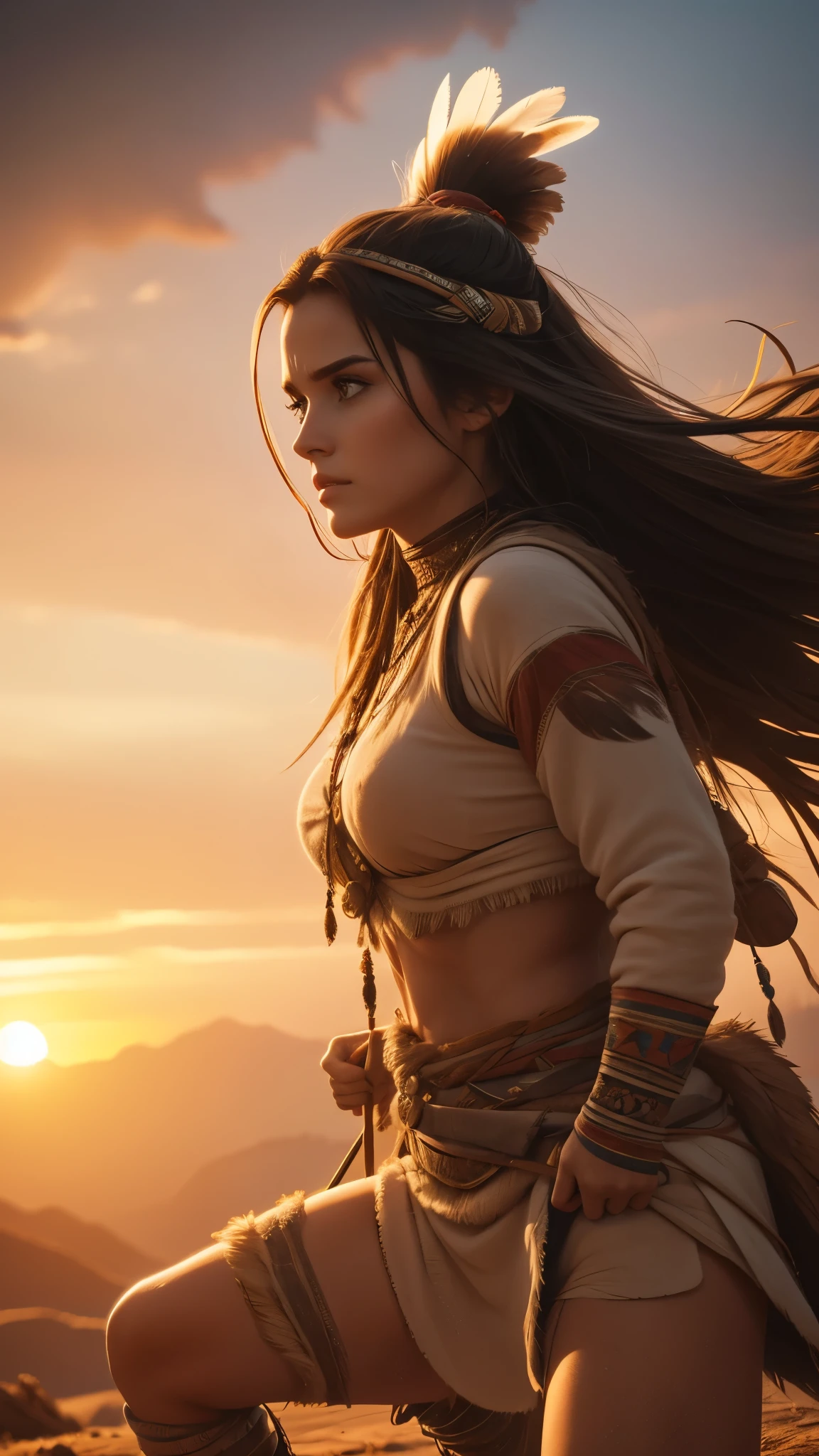 (((ultra realistic))), (ultra-detailed face and eyes: 1.3),native girl, with very long thick hair, feathers in hair, (few clothes) , (combat bandages on the body), ((In a combat stance)), in soft lighting, with a stern look, against the backdrop of sandy mountains, surrounded by a mysterious, foggy atmosphere, (sunset), (ultra-detailed), ((Skin detailing)), (scene from a movie about ancient people) 