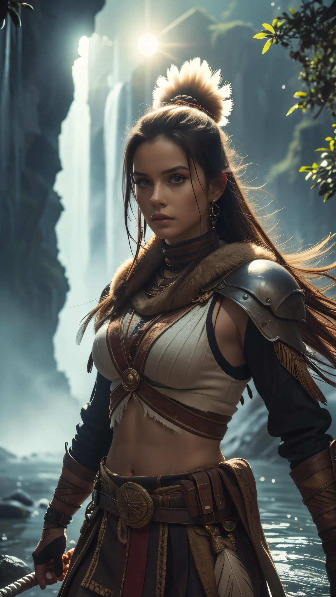 (((ultra realistic))), (ultra-detailed face and eyes: 1.3),native girl, with very long thick hair, feathers in hair, (few clothes) , (combat bandages on the body), ((In a combat stance)), (with a torch), in soft lighting, with a stern look, Near the waterfall, surrounded by a mysterious, foggy atmosphere, (In the moonlight, night), soft contrast, (ultra-detailed), ((Skin detailing)), (scene from a movie about ancient people) 