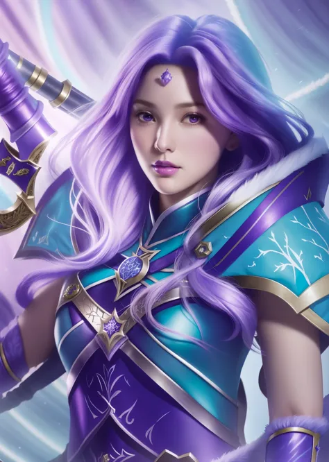 a close up of a woman with purple hair and a sword, portrait knights of zodiac girl, knights of zodiac girl, extremely detailed ...