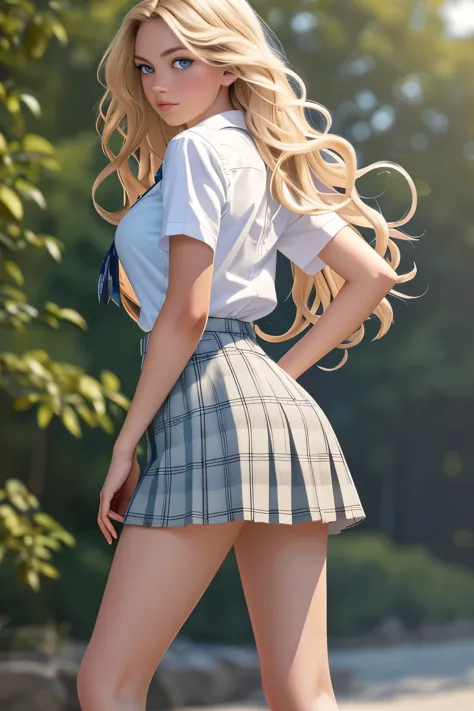 (((1girl in, age19, Solo, Long wavy blond hair, messy wind blown hair, blondehair, (dark blue eyes), Colossal tits, full body sh...