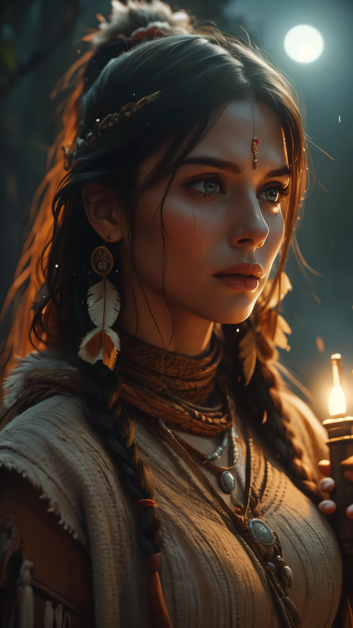 (((ultra realistic))), ((ultra-detailed face and eyes: 1.3)) ,(native girl) , with very long thick hair, feathers in hair, (few clothes) , (indigenous clothing), (wet skin and clothes), (In a combat stance) , ((with a torch)), near the river, Jungle, rain, surrounded by a mysterious, foggy atmosphere, (In the moonlight, night, shadow), contrasting, ((ultra-detailed)), ((Skin detailing)), (scene from a movie about ancient people) 