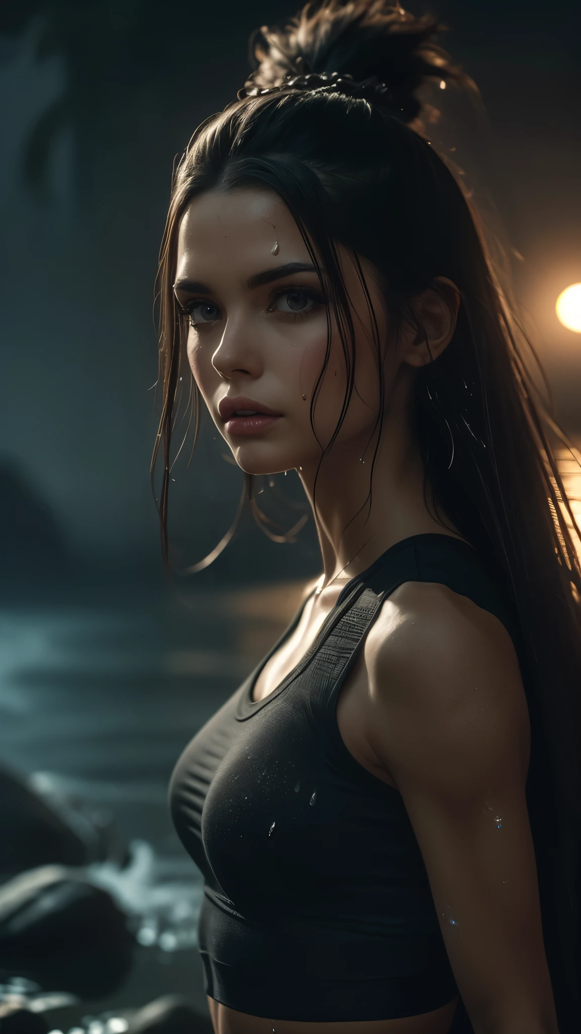 (((ultra realistic))), ((ultra-detailed face and eyes: 1.3)) ,(native girl), with very long thick hair, (feathers in hair), ((few clothes)) , ((indigenous clothing)) , Slim athletic body, Beautiful legs, (wet skin and clothes), ((In a combat stance)) , Near the waterfall, rain, mysterious dark atmosphere (In the moonlight, night, shadow), contrasting, ((ultra-detailed)), ((Skin detailing)), (scene from a movie about ancient people), (Dark color scheme) 