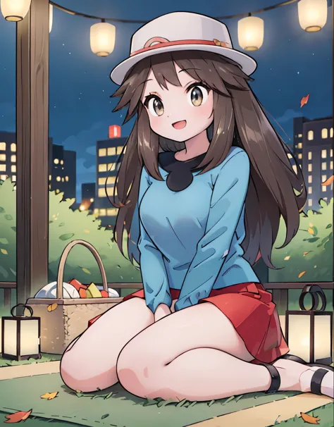 (best quality,4k,highres,masterpiece:1.2),ultra-detailed,realistic,photorealistic:1.37,leaf Pokemon,full body,curvy body,beautiful detailed eyes,long lashes,visible thighs,sitting,red skirt,blue shirt,knees together,smile,upskirt,white panties,on a picnic,...