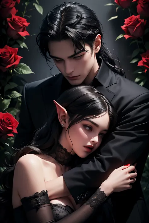 ((Best quality)), ((masterpiece)), (detailed), ((perfect face)), ((halfbody)) perfect proporcions, They are a romantic couple, they have 18 years old, they are hugging, they both have black hair, he has short hair, she has long wavy hair, she is voluptuous...