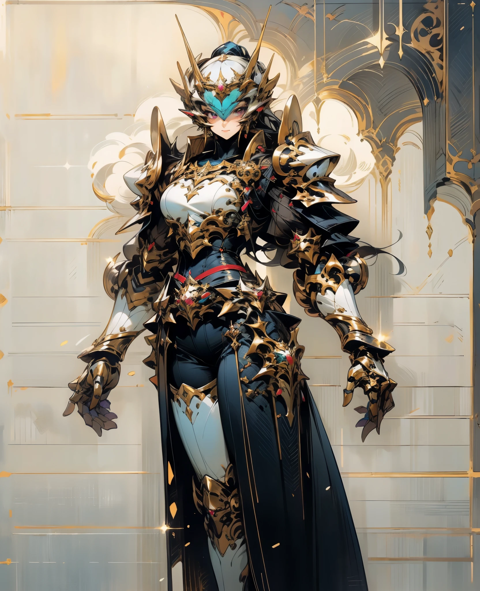 A woman adorned in fantasy-style full-body armor, a crown-concept fully enclosed helmet that unveils only her eyes, a composite layered chest plate, fully encompassing shoulder and hand guards, a lightweight waist armor, form-fitting shin guards, the overall design is heavy-duty yet flexible, the armor gleams with a golden glow, complemented by red and blue accents, exhibiting a noble aura, she floats above a fantasy-surreal high-tech city, this character embodies a finely crafted fantasy-surreal style armored hero in anime style, exquisite and mature manga art style, Queen Bee Concept Armor, ((goddess, femminine)), long legs, metallic, elegant, high definition, best quality, highres, ultra-detailed, ultra-fine painting, extremely delicate, professional, anatomically correct, symmetrical face, extremely detailed eyes and face, high quality eyes, creativity, RAW photo, UHD, 32k, Natural light, cinematic lighting, masterpiece-anatomy-perfect, masterpiece:1.5