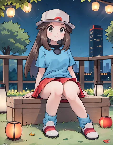 (best quality,4k,highres,masterpiece:1.2),ultra-detailed,realistic,photorealistic:1.37,leaf Pokemon,full body,curvy body,beautiful detailed eyes,long lashes,visible thighs,sitting,red skirt,blue shirt, loose socks, white footwear,knees together,smile,upski...