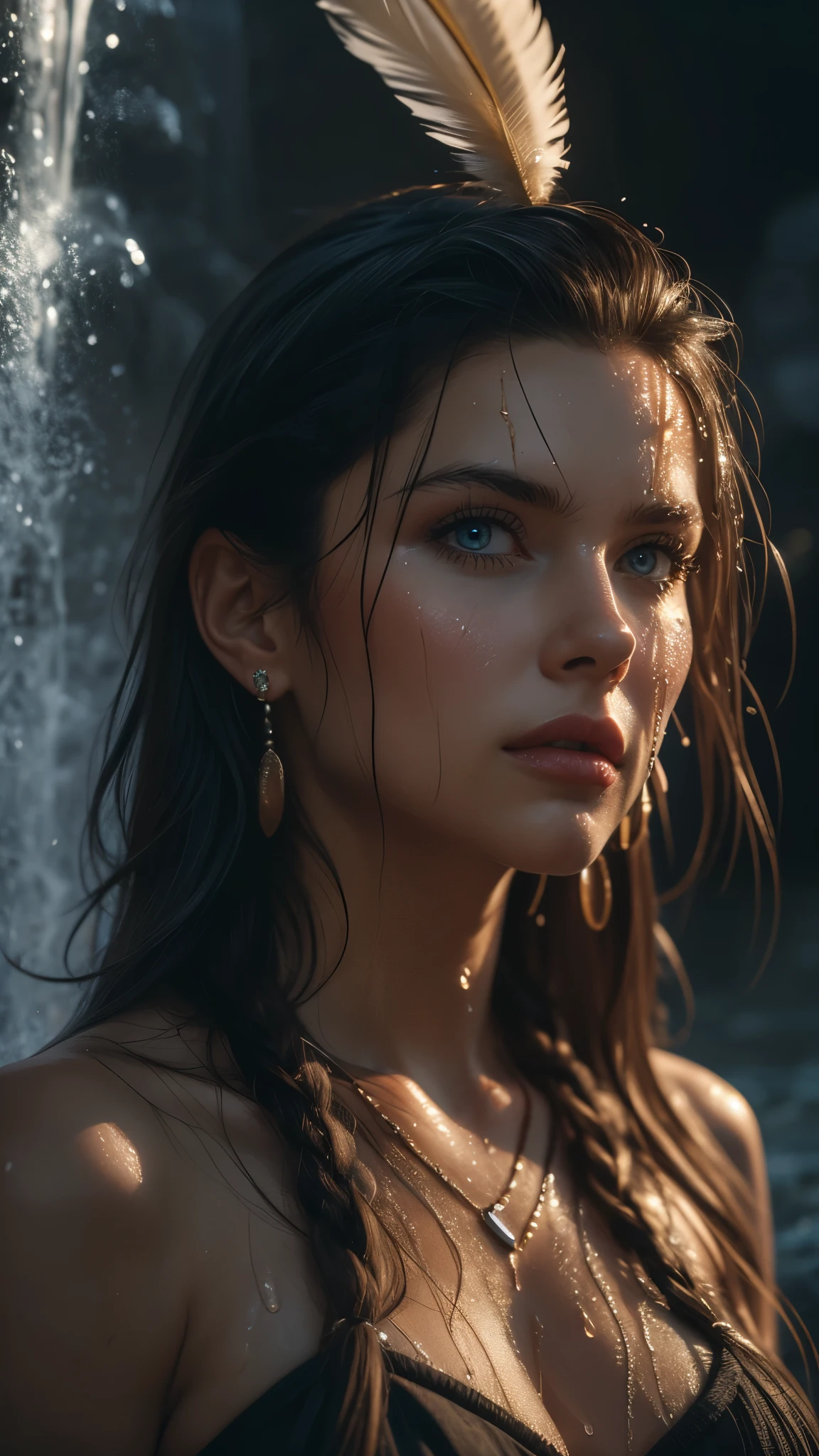 (((ultra realistic))), ((ultra-detailed face and eyes: 1.3)) ,(native girl), with very long thick hair, (feathers in hair), ((few clothes)) , ((indigenous clothing)) , slender body, (wet skin and clothes) , Near the waterfall, rain, mysterious dark atmosphere (In the moonlight, night, shadow), contrasting, ((ultra-detailed)), ((Skin detailing)), (scene from a movie about ancient people), (Dark color scheme) 