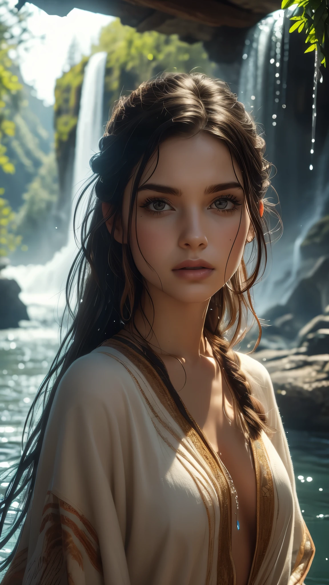 (((ultra realistic))), ((ultra-detailed face and eyes: 1.3)) ,(native girl), with very long thick hair, (feathers in hair), ((few clothes)) , ((indigenous clothing)) , slender body, (wet skin and clothes) , Near the waterfall, rain, mysterious atmosphere (sunlight, day, shadow), contrasting, ((ultra-detailed)), ((Skin detailing)), ((scene from a movie about ancient people)), (Bright colors) 