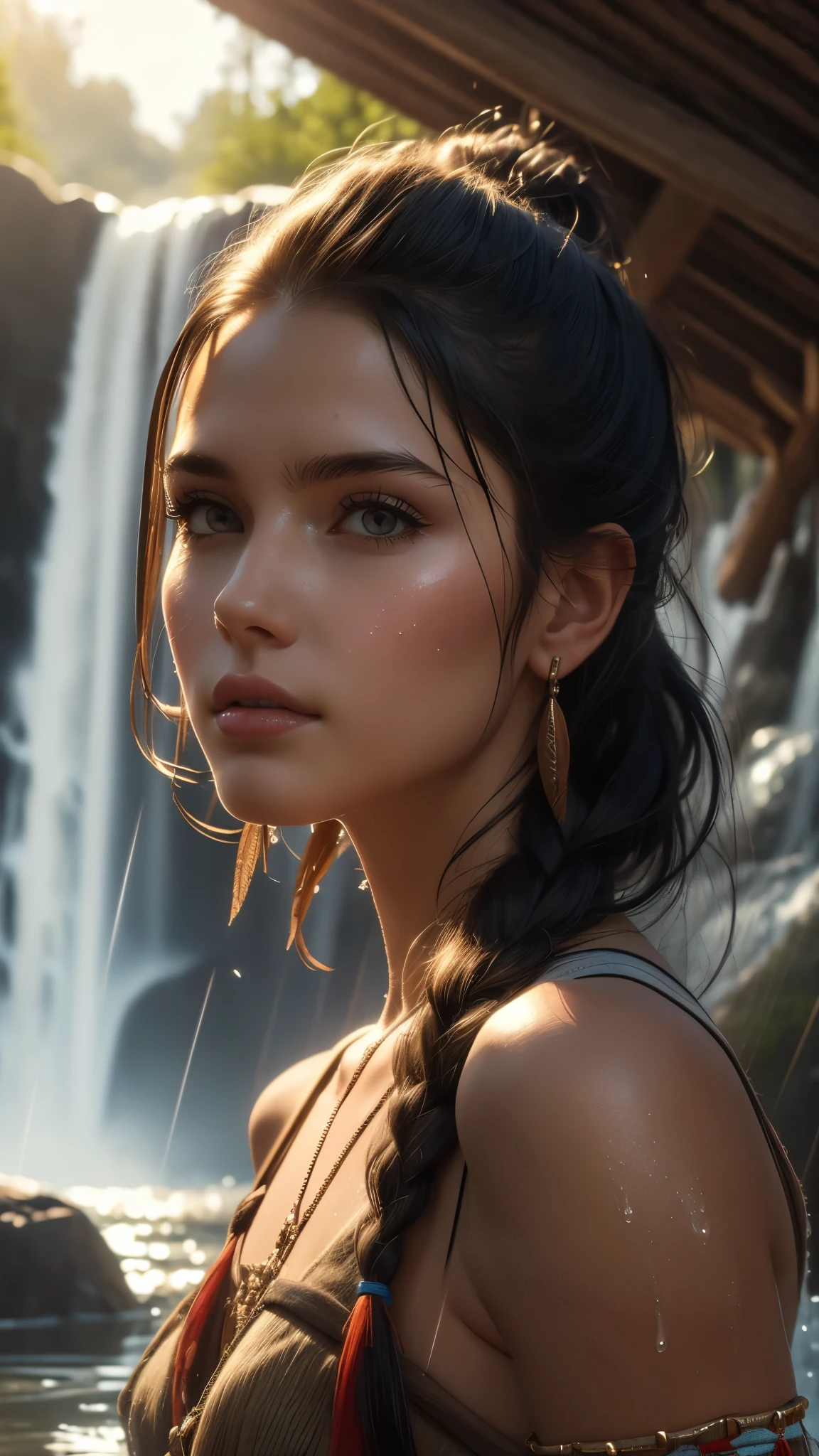 (((ultra realistic))), ((ultra-detailed face and eyes: 1.3)) ,(native girl), with very long thick hair, (feathers in hair), ((few clothes)) , ((indigenous clothing)) , slender body, (wet skin and clothes) , Near the waterfall, rain, mysterious atmosphere (sunlight, day, shadow), contrasting, ((ultra-detailed)), ((Skin detailing)), (scene from a movie about ancient people), 