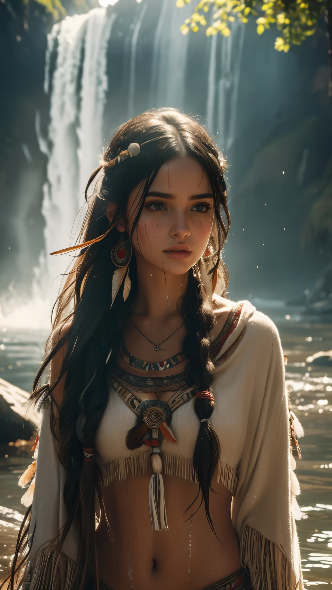 (((ultra realistic))), ((ultra-detailed face and eyes: 1.3)) ,(native girl), with very long thick hair, (feathers in hair), ((few clothes)) , ((indigenous clothing)) , slender body, (wet skin and clothes) , Near the waterfall, rain, mysterious atmosphere (sunlight, day, shadow), contrasting, ((ultra-detailed)), ((Skin detailing)), (scene from a movie about ancient people), (in detail) 