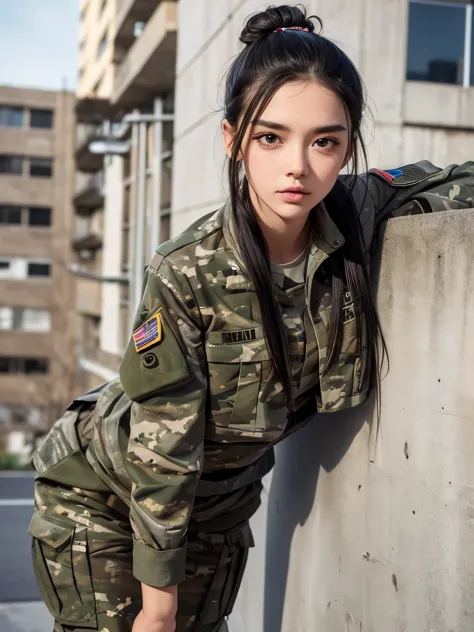 1girl, (soldier in the army), (bent over),  (camo jacket), hair tied up, in a cement building, 4k, raw, best quality, (masterpie...