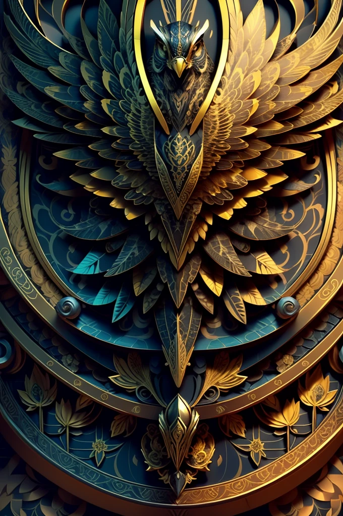 falcon, extremely detailed and intrincate design, coat of arms. Colorful line art, fractal like, tattoo like design on the falcon. Golden and many colours. Some gold wodden lotus around. Black background.